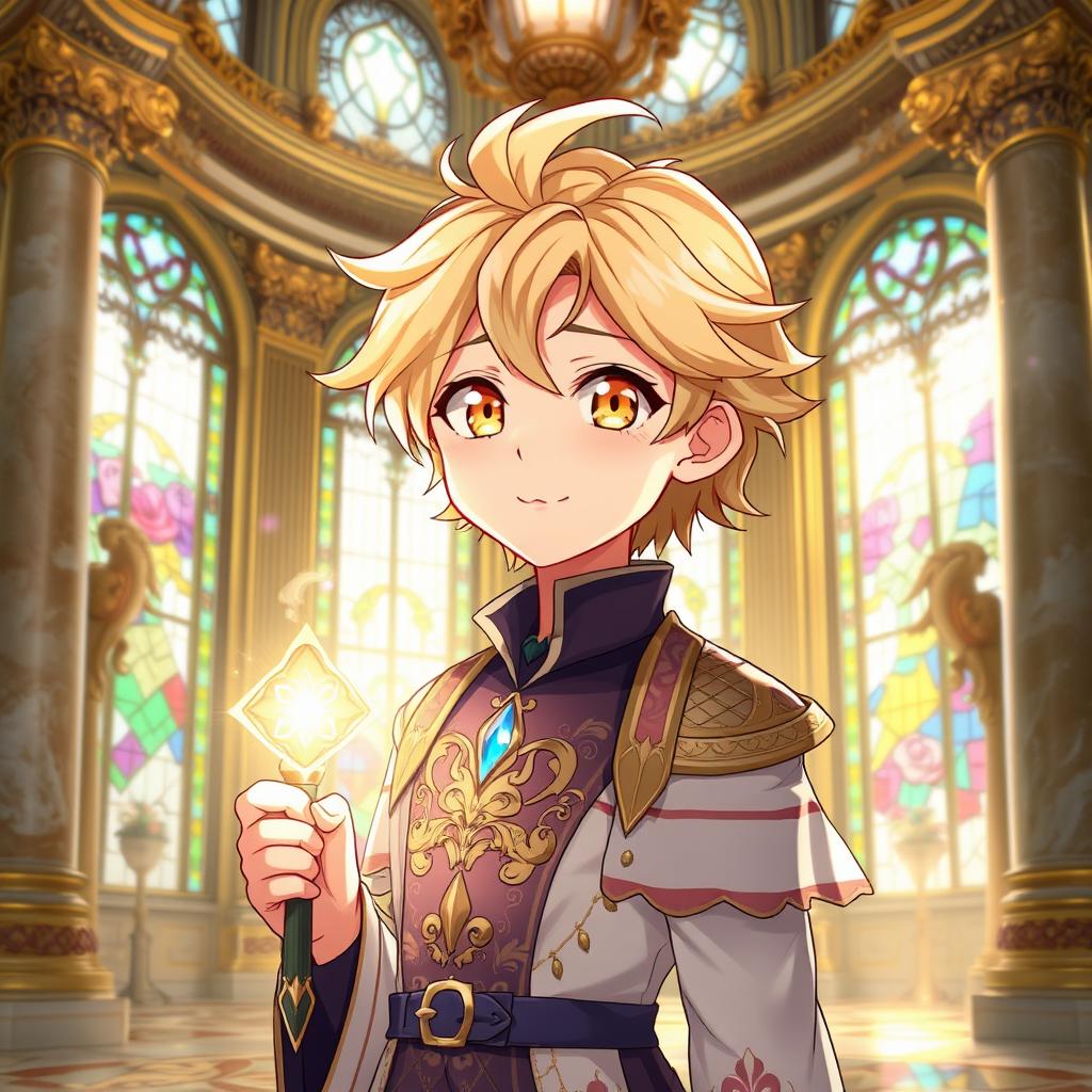 An anime young man with captivating yellow eyes and soft wheat-colored hair, showcasing a cute and charming aesthetic