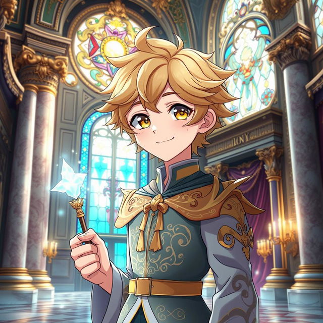 An anime young man with captivating yellow eyes and soft wheat-colored hair, showcasing a cute and charming aesthetic