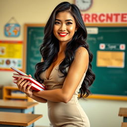 A sexy Indonesian woman in her 30s, portraying a confident and alluring teacher vibe