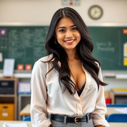 A sexy Indonesian woman in her 30s, embodying the role of an attractive teacher