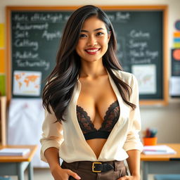 A sexy Indonesian woman in her 30s, embodying the role of an attractive teacher