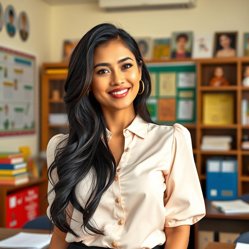 A sexy Indonesian woman in her 30s, illustrating the concept of allure and elegance as a teacher