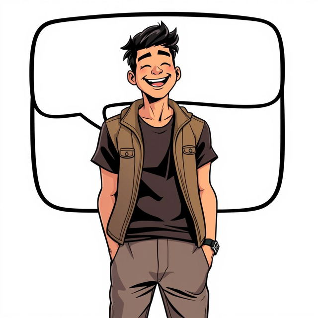 An adult character standing confidently with a joyful expression, wearing casual yet stylish clothing