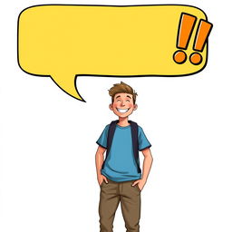 An adult character standing confidently with a joyful expression, wearing casual yet stylish clothing