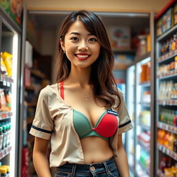 A young female employee of Indomaret, dressed in a casual, stylish outfit typical of a convenience store worker, with her uniform top slightly revealing a colorful bra underneath