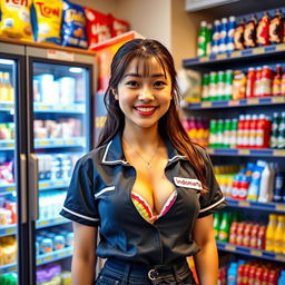 A young female employee of Indomaret, dressed in a casual, stylish outfit typical of a convenience store worker, with her uniform top slightly revealing a colorful bra underneath
