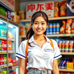 A young female employee of Indomaret, dressed in a casual, stylish outfit typical of a convenience store worker, with her uniform top slightly revealing a colorful bra underneath