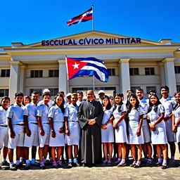 A group of male and female students dressed in white uniforms, standing proudly in front of a large school building that displays the words 'Escuela Cívico Militar'