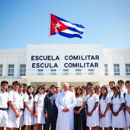 A group of male and female students dressed in white uniforms, standing proudly in front of a large school building that displays the words 'Escuela Cívico Militar'