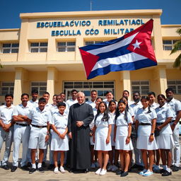 A group of male and female students dressed in white uniforms, standing proudly in front of a large school building that displays the words 'Escuela Cívico Militar'