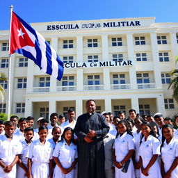 A group of male and female students dressed in white uniforms, standing proudly in front of a large school building that displays the words 'Escuela Cívico Militar'
