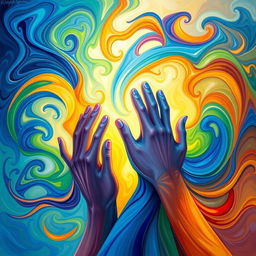 A vibrant and colorful abstract representation of the idea of support and helping, with swirling shapes symbolizing hands reaching out, vivid hues of blue, green, and orange, creating a sense of warmth and community, soft light illuminating the forms, a dynamic composition that conveys positivity and unity