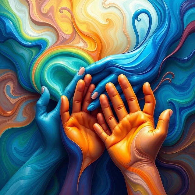 A vibrant and colorful abstract representation of the idea of support and helping, with swirling shapes symbolizing hands reaching out, vivid hues of blue, green, and orange, creating a sense of warmth and community, soft light illuminating the forms, a dynamic composition that conveys positivity and unity