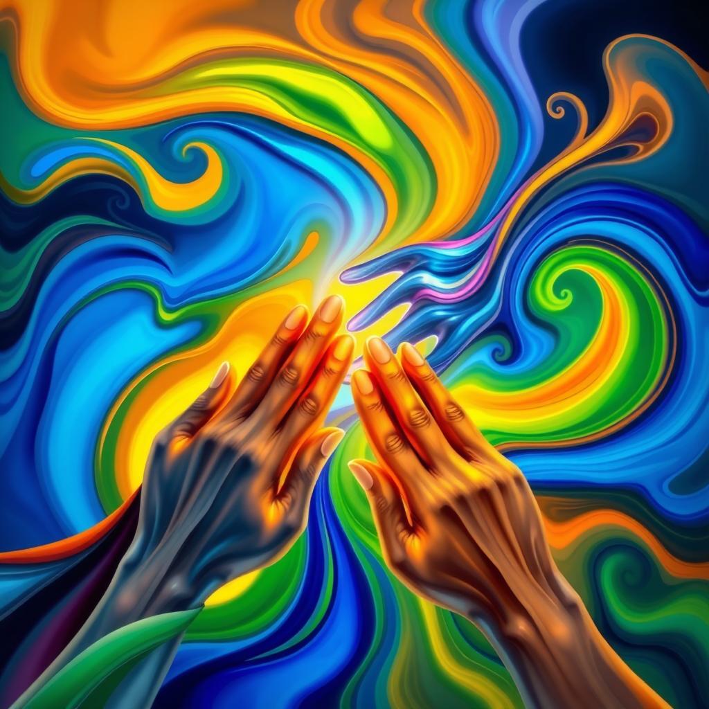 A vibrant and colorful abstract representation of the idea of support and helping, with swirling shapes symbolizing hands reaching out, vivid hues of blue, green, and orange, creating a sense of warmth and community, soft light illuminating the forms, a dynamic composition that conveys positivity and unity