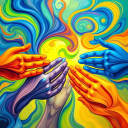 A vibrant and colorful abstract representation of the idea of support and helping, with swirling shapes symbolizing hands reaching out, vivid hues of blue, green, and orange, creating a sense of warmth and community, soft light illuminating the forms, a dynamic composition that conveys positivity and unity