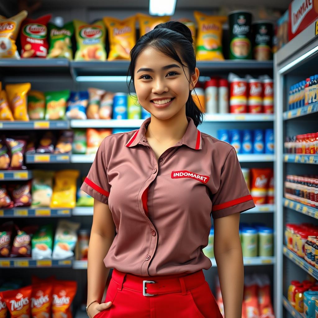 A young female employee of Indomaret, dressed in a casual yet fashionable uniform, showing a hint of a colorful bra underneath