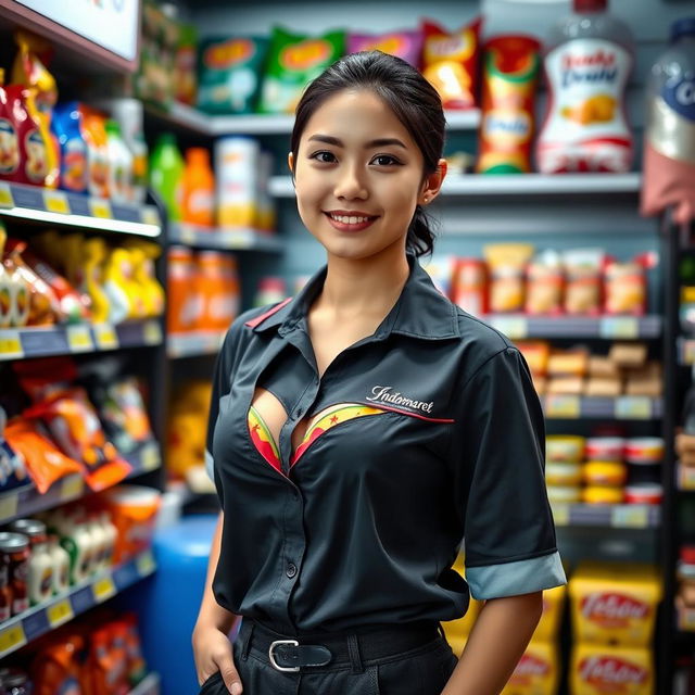 A young female employee of Indomaret, dressed in a casual yet fashionable uniform, showing a hint of a colorful bra underneath