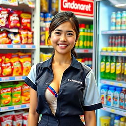 A young female employee of Indomaret, dressed in a casual yet fashionable uniform, showing a hint of a colorful bra underneath