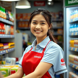 A beautiful Indonesian woman working as an Indomaret employee, wearing the official uniform which consists of a light blue shirt and a red apron