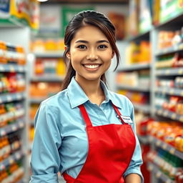A beautiful Indonesian woman working as an Indomaret employee, wearing the official uniform which consists of a light blue shirt and a red apron