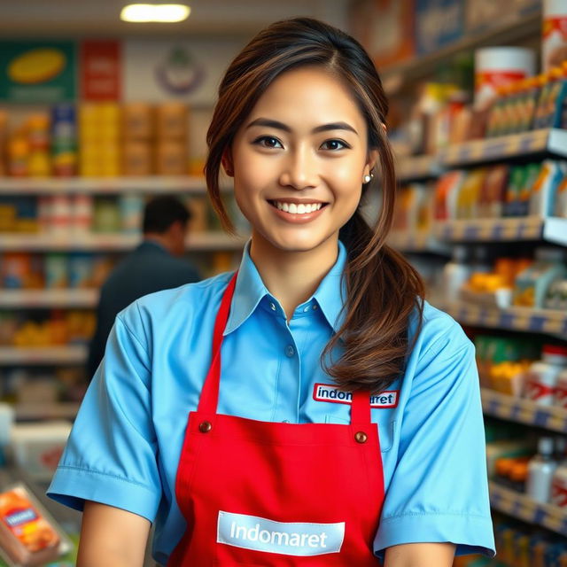 A beautiful Indonesian woman working as an Indomaret employee, wearing the official uniform which consists of a light blue shirt and a red apron