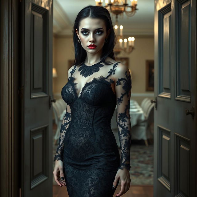 A full length photographic image of a beautiful 19-year-old woman with pale skin and thick black hair styled elegantly