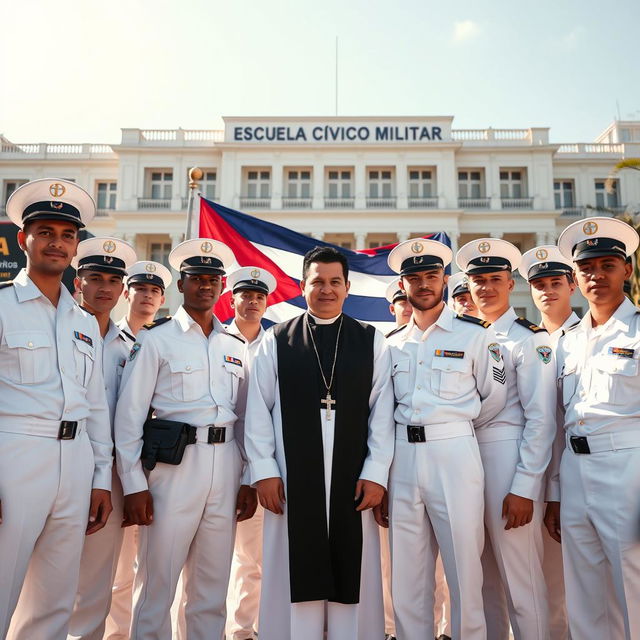 Young white military men in white uniforms standing confidently with the Cuban flag behind them