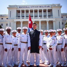 Young white military men in white uniforms standing confidently with the Cuban flag behind them