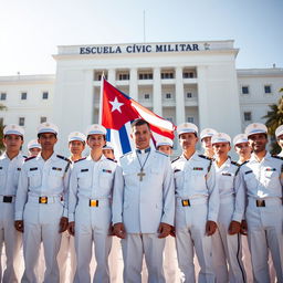 Young white military men in white uniforms standing confidently with the Cuban flag behind them