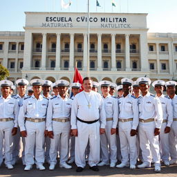 Young white military men in white uniforms standing confidently with the Cuban flag behind them
