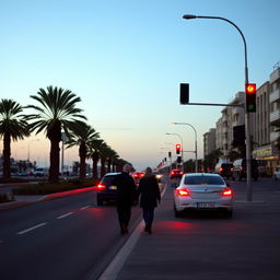 A serene Greek boulevard during a cold winter evening, featuring two cars in the background stopped at a red traffic light