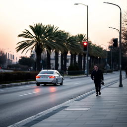 A serene Greek boulevard during a cold winter evening, featuring two cars in the background stopped at a red traffic light