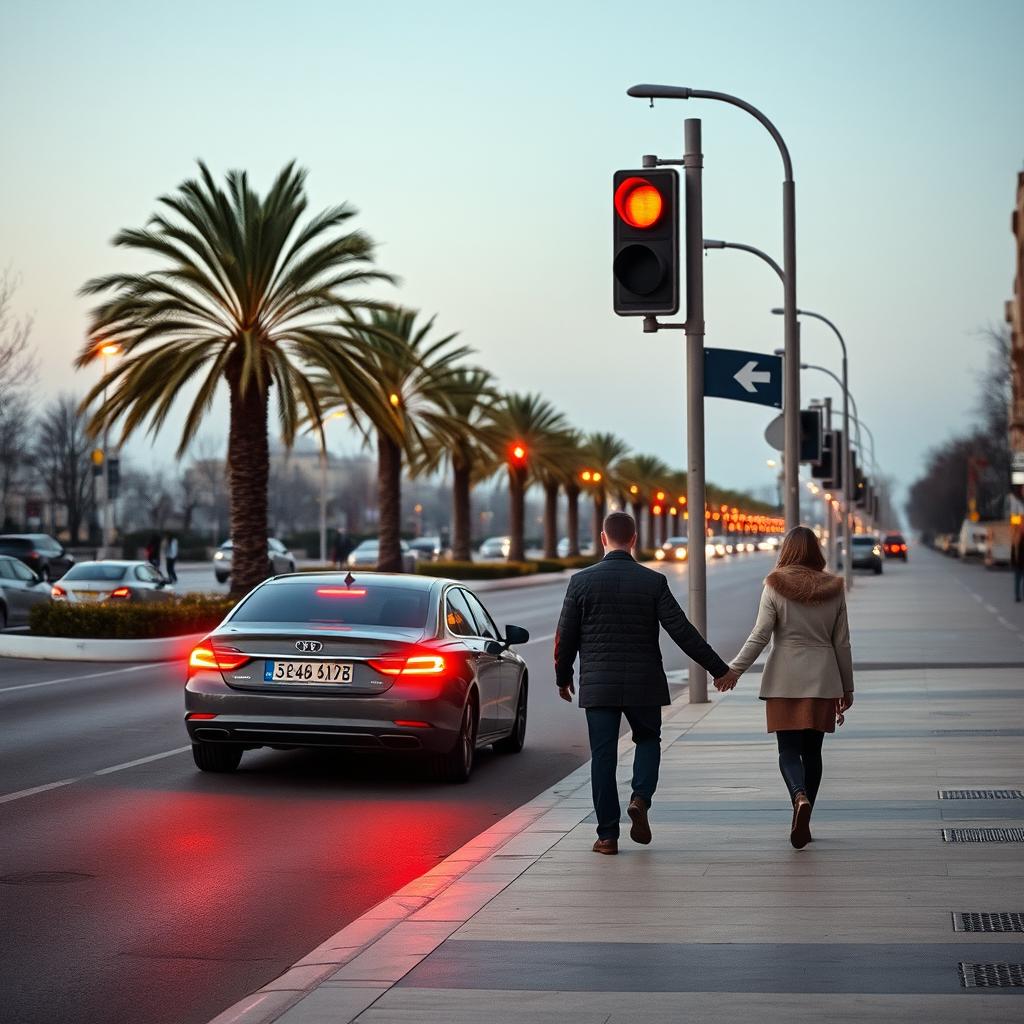 A serene Greek boulevard during a cold winter evening, featuring two cars in the background stopped at a red traffic light
