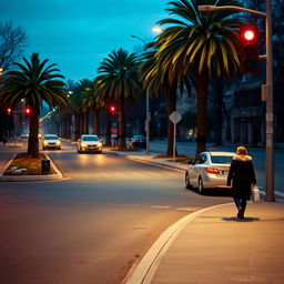 A serene Greek boulevard during a cold winter evening, featuring two cars in the background stopped at a red traffic light