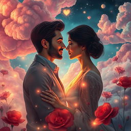 A surreal and dreamlike depiction of love merging with reality, featuring a couple in a whimsical landscape where elements of both dreams and reality flow together