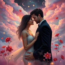 A surreal and dreamlike depiction of love merging with reality, featuring a couple in a whimsical landscape where elements of both dreams and reality flow together