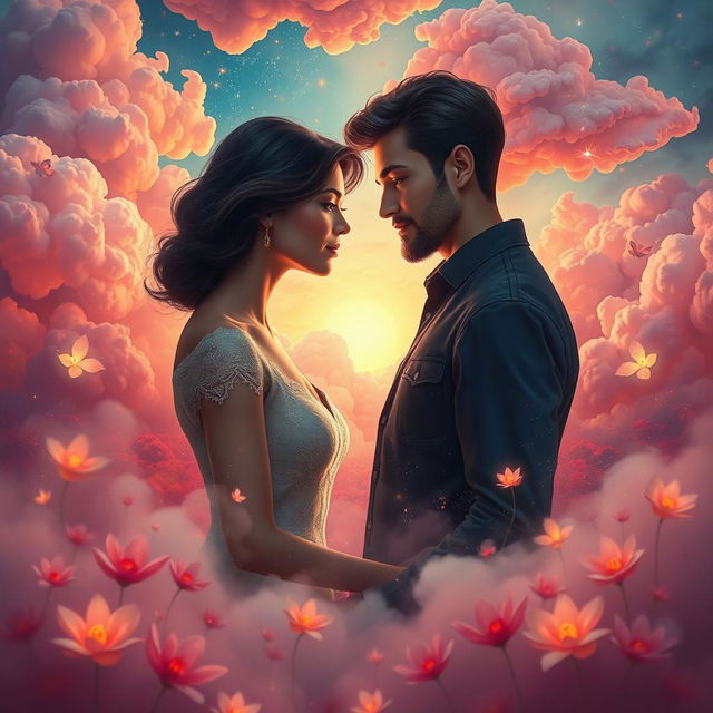 A surreal and dreamlike depiction of love merging with reality, featuring a couple in a whimsical landscape where elements of both dreams and reality flow together