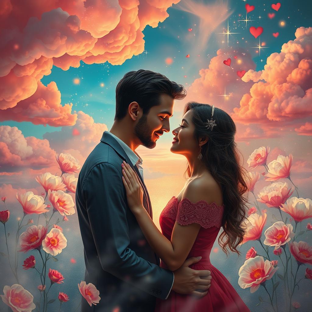 A surreal and dreamlike depiction of love merging with reality, featuring a couple in a whimsical landscape where elements of both dreams and reality flow together