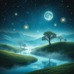 A dreamlike scene that blurs the lines between reality and fantasy, featuring a serene landscape where elements of dreams intertwine with the natural world