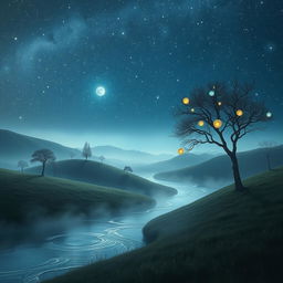 A dreamlike scene that blurs the lines between reality and fantasy, featuring a serene landscape where elements of dreams intertwine with the natural world