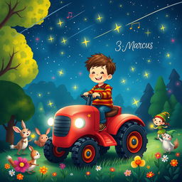 A whimsical and colorful illustration of a 3-year-old boy named Marcus joyfully riding a magical red tractor
