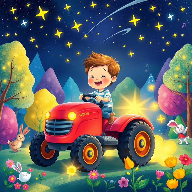 A whimsical and colorful illustration of a 3-year-old boy named Marcus joyfully riding a magical red tractor