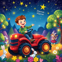 A whimsical and colorful illustration of a 3-year-old boy named Marcus joyfully riding a magical red tractor