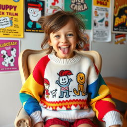 A humorous girl with a big smile, wearing a colorful oversized sweater decorated with cartoon characters, sitting on a vintage-style chair