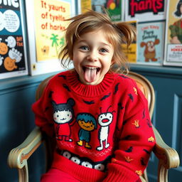 A humorous girl with a big smile, wearing a colorful oversized sweater decorated with cartoon characters, sitting on a vintage-style chair