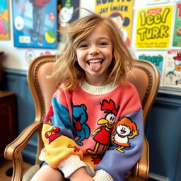 A humorous girl with a big smile, wearing a colorful oversized sweater decorated with cartoon characters, sitting on a vintage-style chair