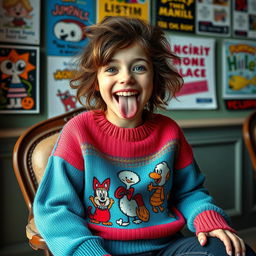 A humorous girl with a big smile, wearing a colorful oversized sweater decorated with cartoon characters, sitting on a vintage-style chair