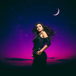 A striking scene featuring a bold and confident lady standing against a magnificent night sky that is painted in vibrant shades of purple