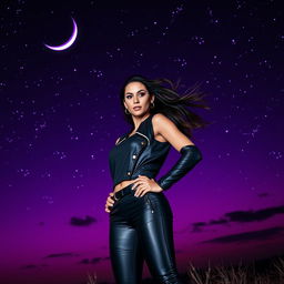 A striking scene featuring a bold and confident lady standing against a magnificent night sky that is painted in vibrant shades of purple