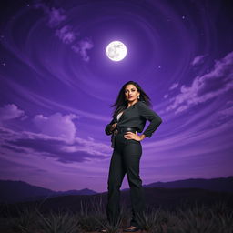 A striking image of a bold lady standing confidently under a night sky filled with deep purple hues, swirling clouds, and twinkling stars